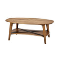**Houten Ovale Salontafel met Onderste Plank en Stalen Ondersteuning**