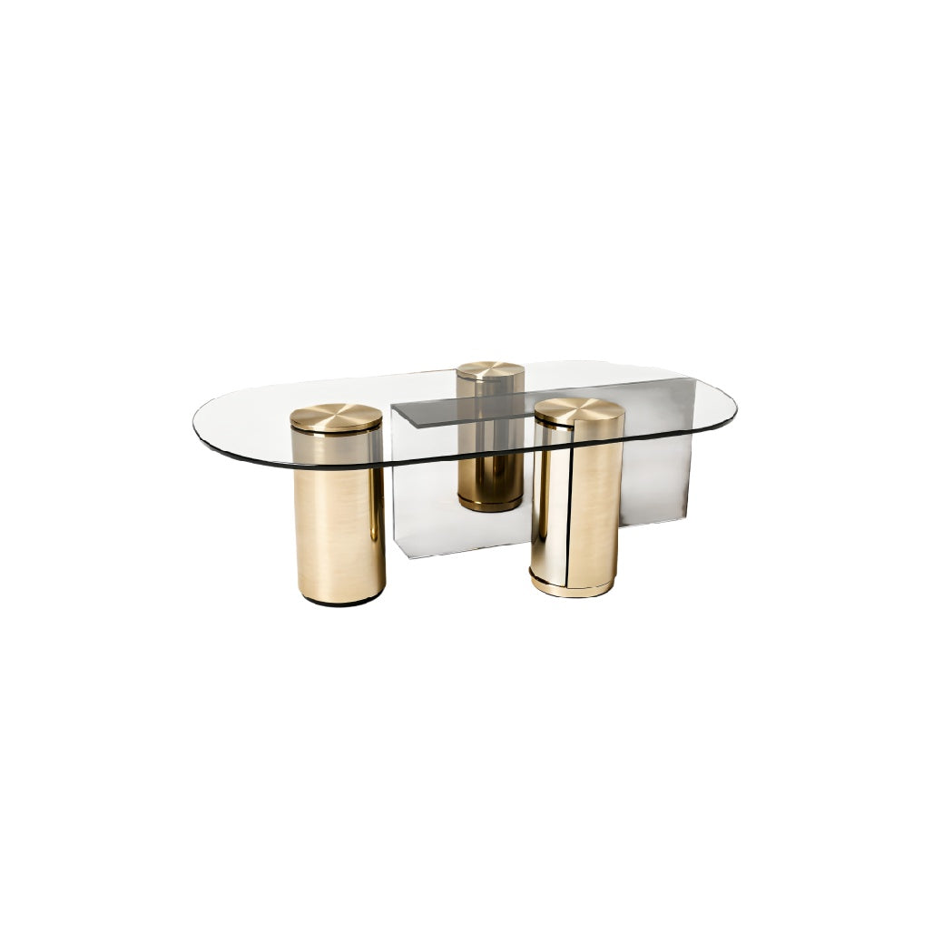 **Technische titel in het Nederlands:** Moderne salontafel met glazen blad en gouden accenten