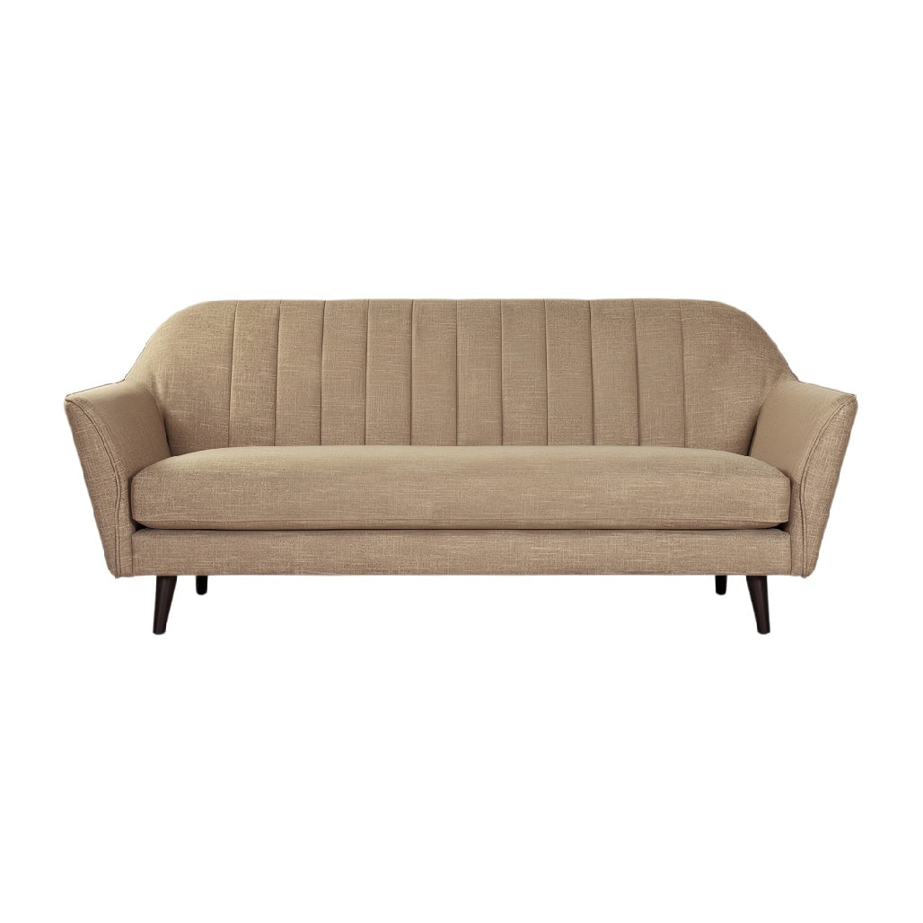 **Moderne beige bank met gestreept ontwerp en houten poten**