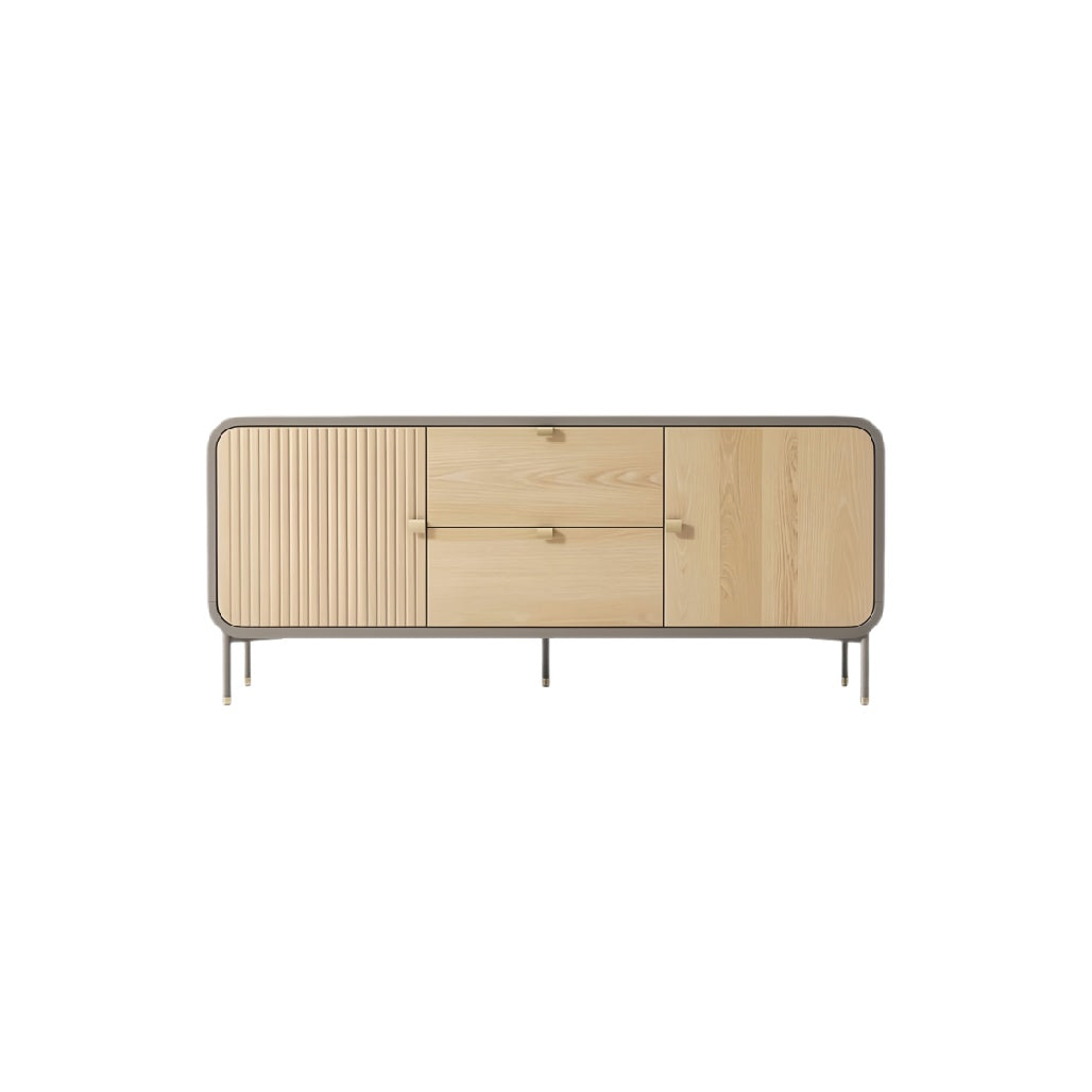 **Moderne houten dressoir met metalen frame en verschillende lades**